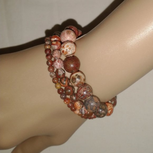 Bracelet / Stretchy Three Piece Leopard Jasper / Gemstone Stackable Bracelet Set - Picture 1 of 5